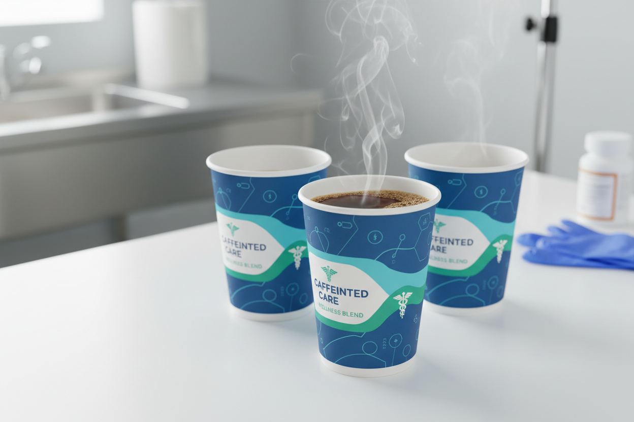 Angled view with hot beverage