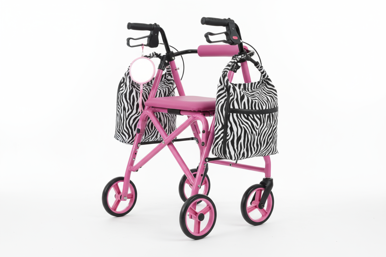 Angled view showing zebra print storage bags