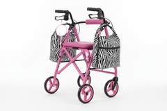 Angled view showing zebra print storage bags