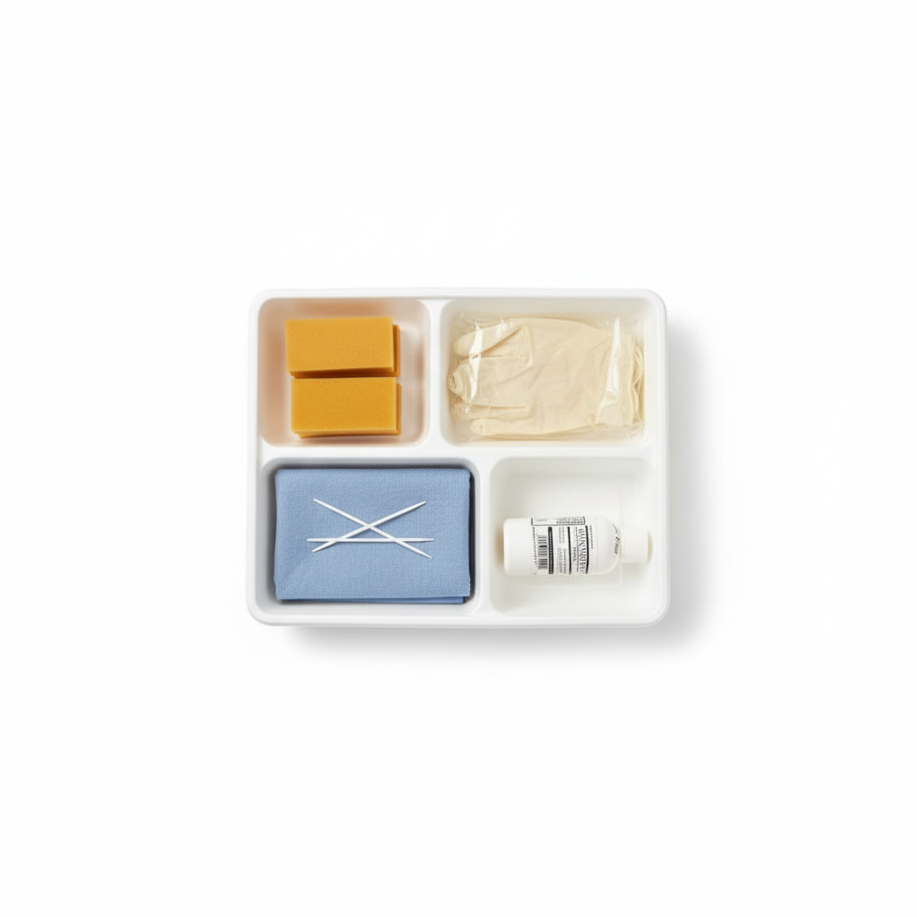 Top-down view of medical scrub tray