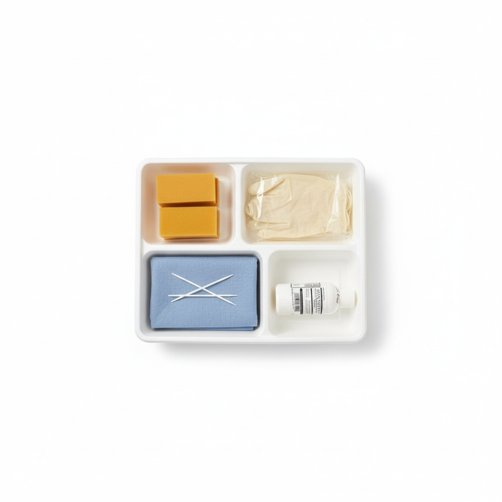 Top-down view of medical scrub tray