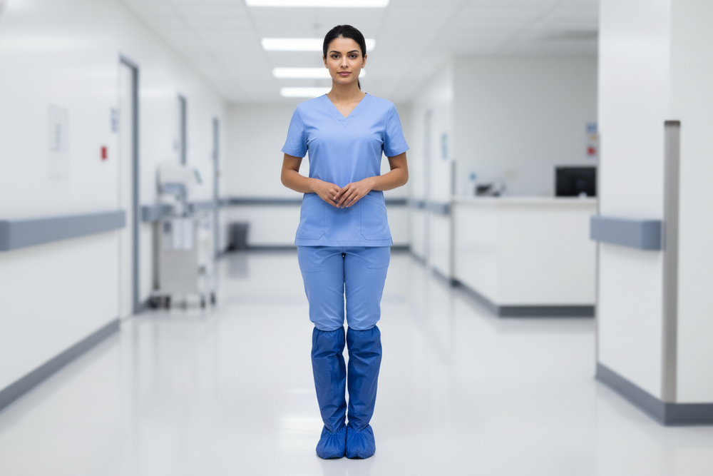 Healthcare professional wearing boot covers