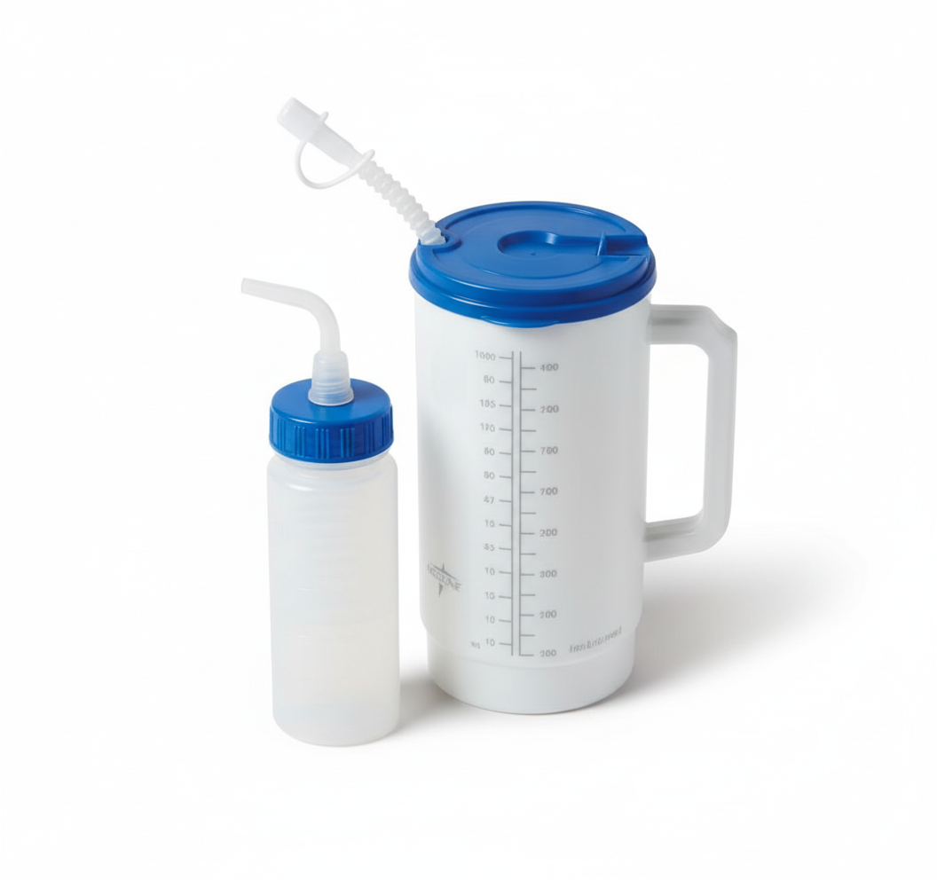 Close-up of peri bottle and insulated carafe
