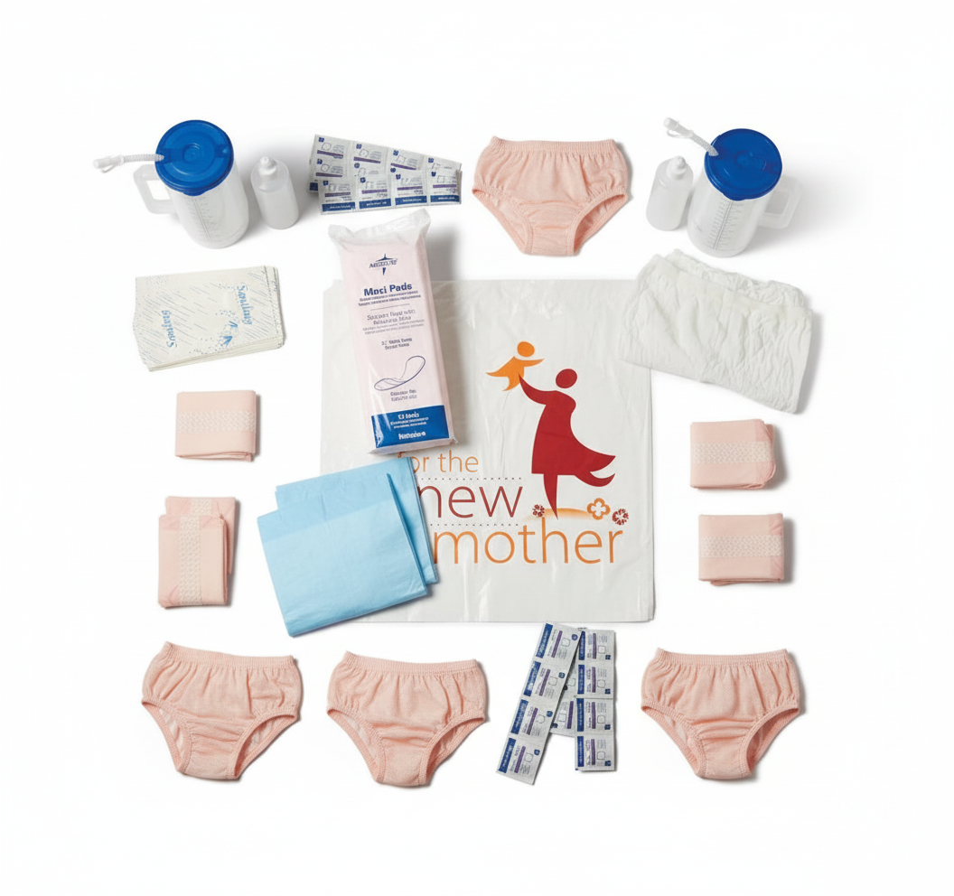 Overhead view of maternity kit components