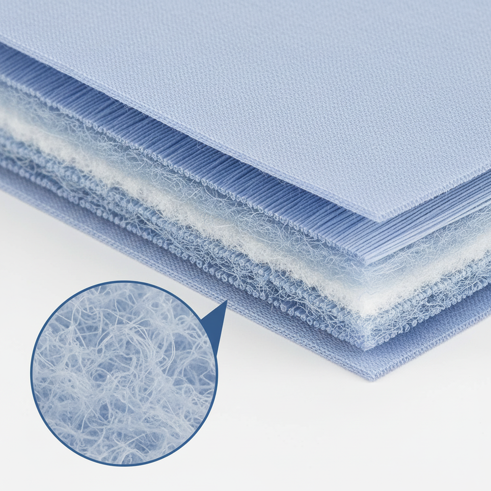 Macro view of five-layer SMS fabric