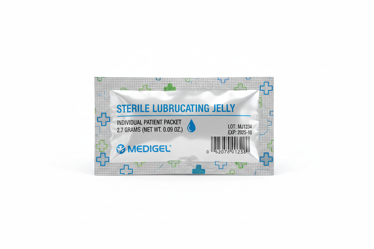 Sterile lubricating jelly packet - front view