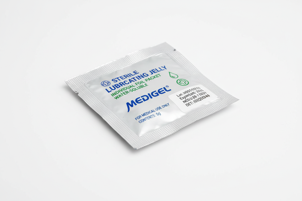 Sterile lubricating jelly packet - angled view
