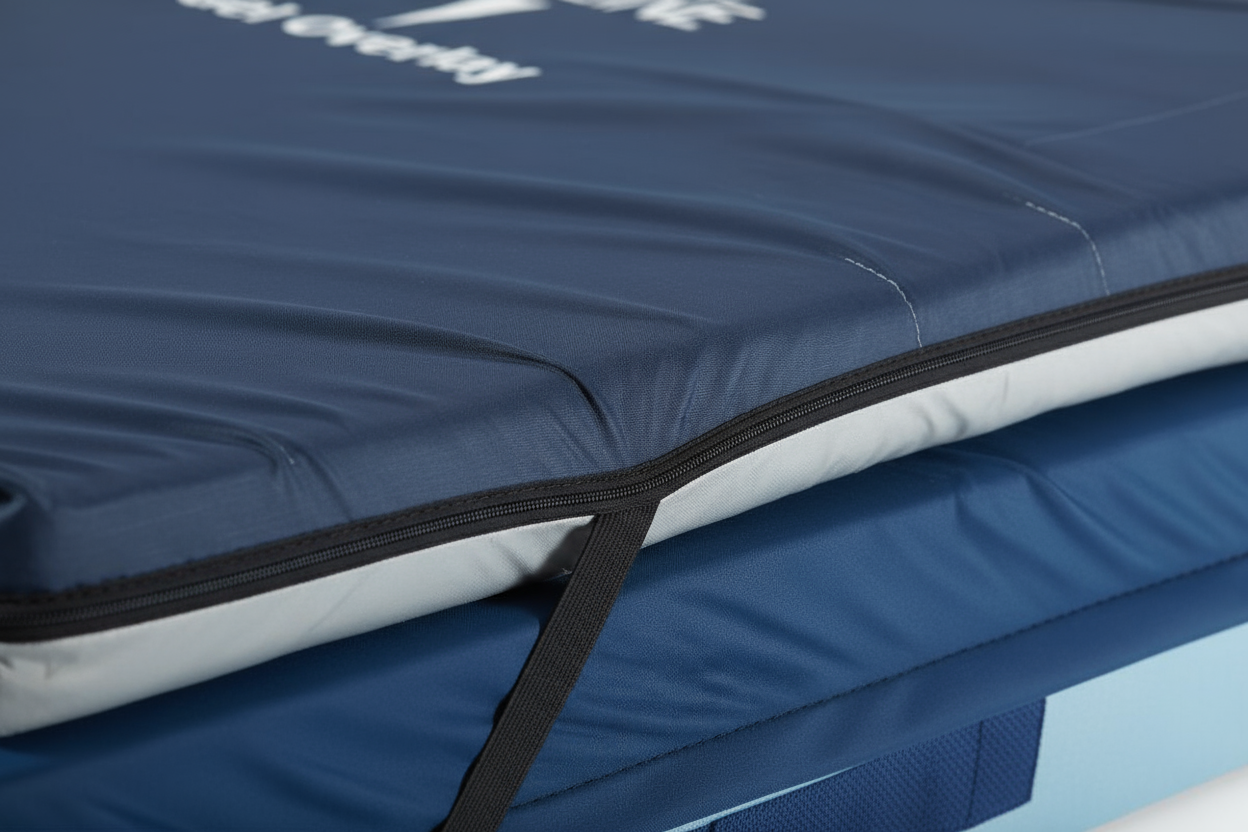 Close-up detail of fluid-resistant cover and elastic straps