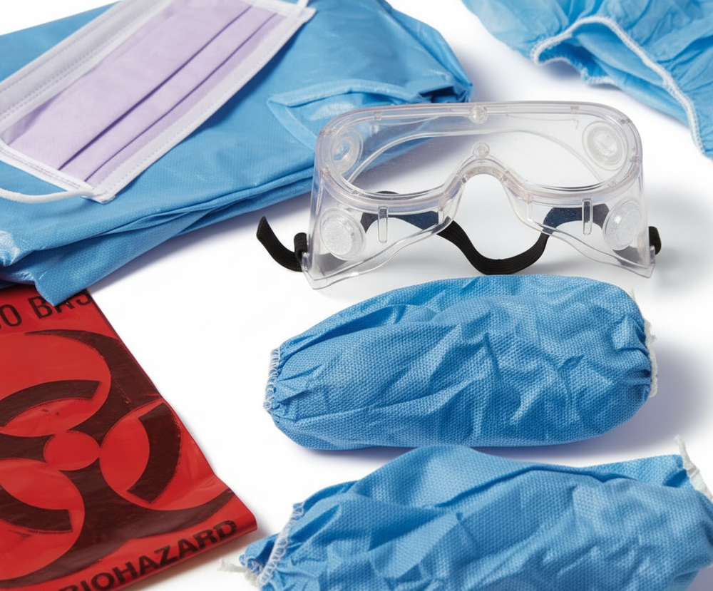 Close-up detail of goggles, gloves, and mask