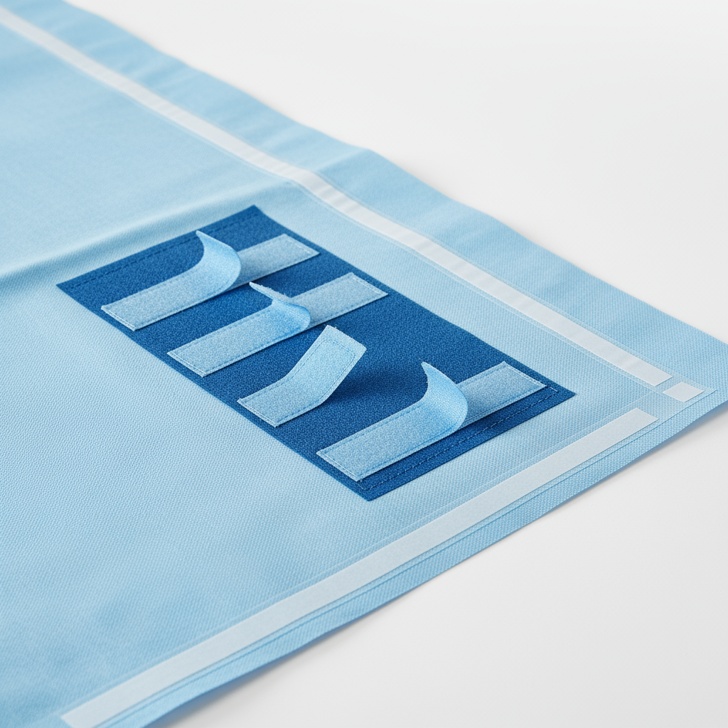 Close-up of adhesive drape and line holders