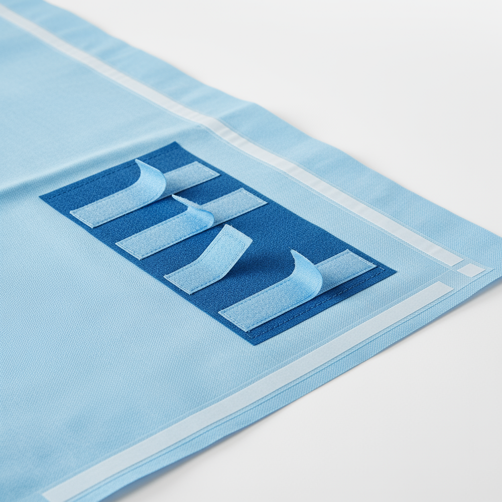 Close-up of adhesive drape and line holders