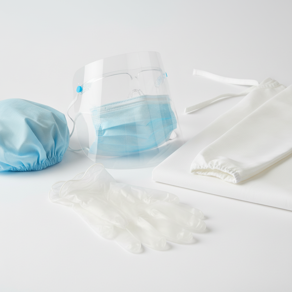 PPE close-up detail - gloves, mask, gown