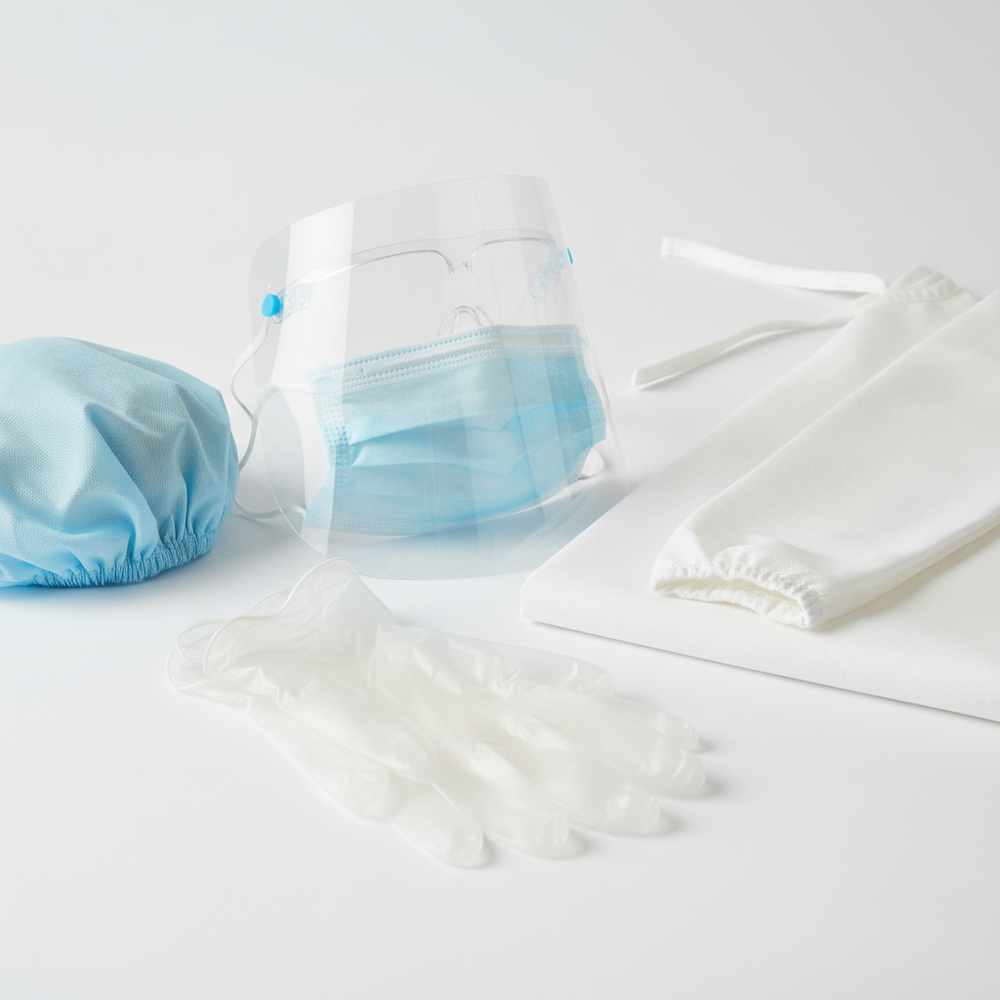 PPE close-up detail - gloves, mask, gown