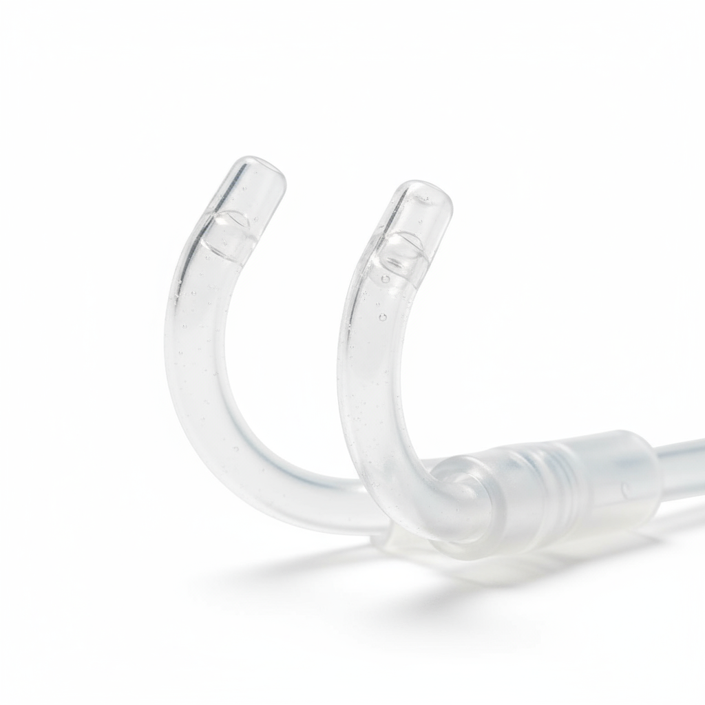 Close-up view of curved nasal prongs