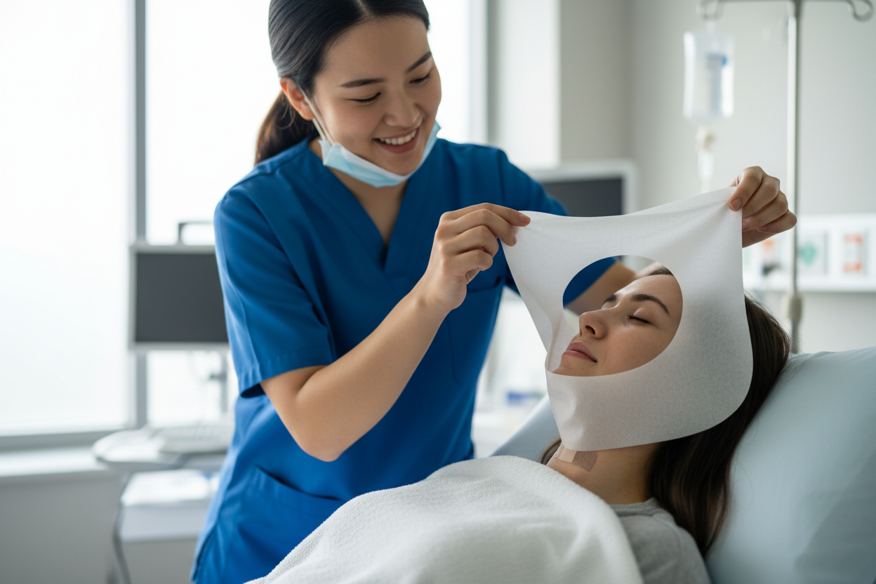 Caregiver applying bib to patient
