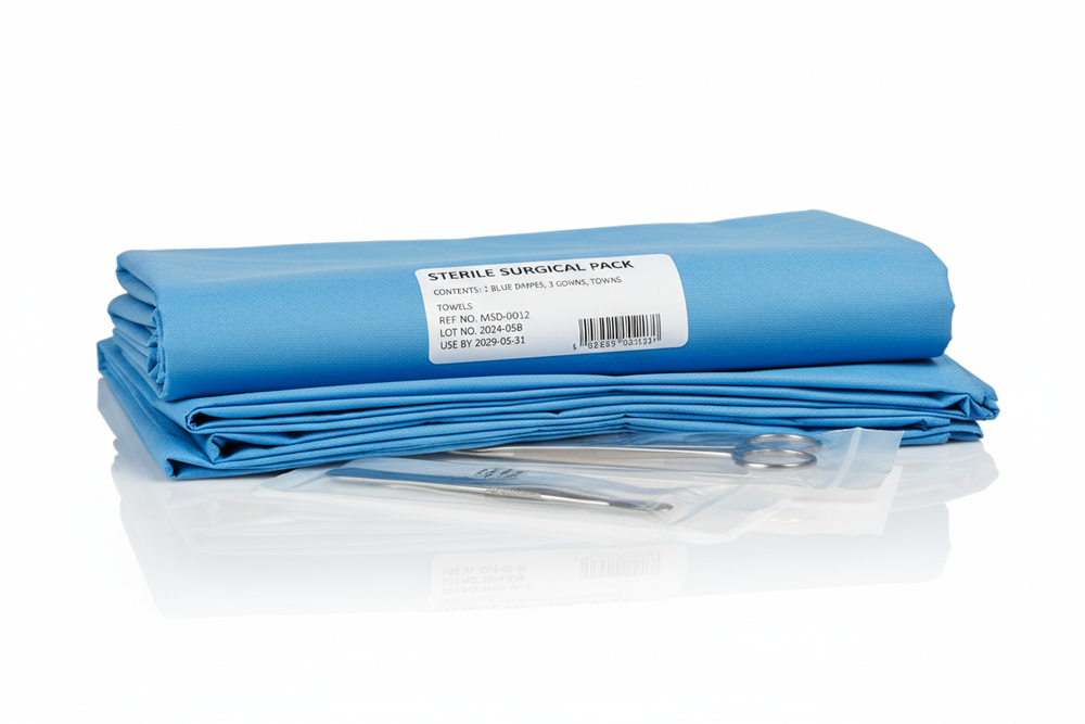 Side angle view of layered surgical pack