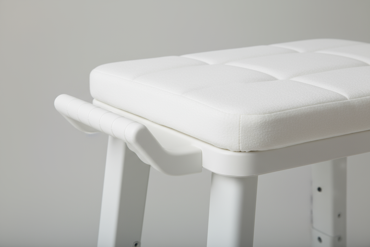 Close-up of padded seat and side arm