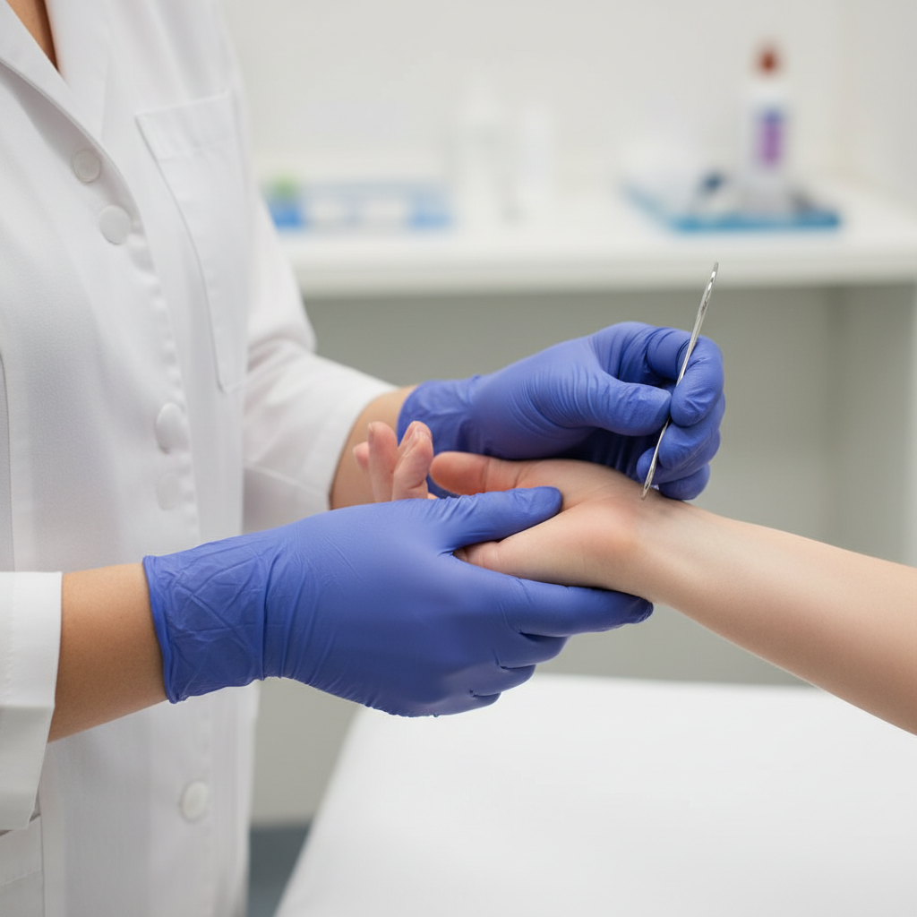 Healthcare professional using gloves in clinical setting