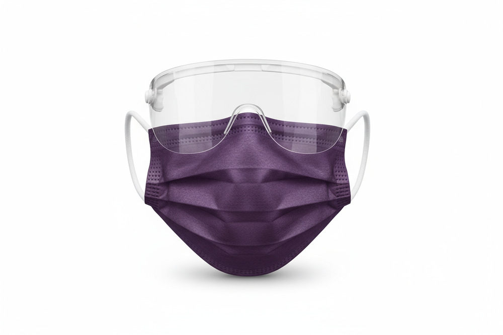 Front view of purple medical mask with eye shield