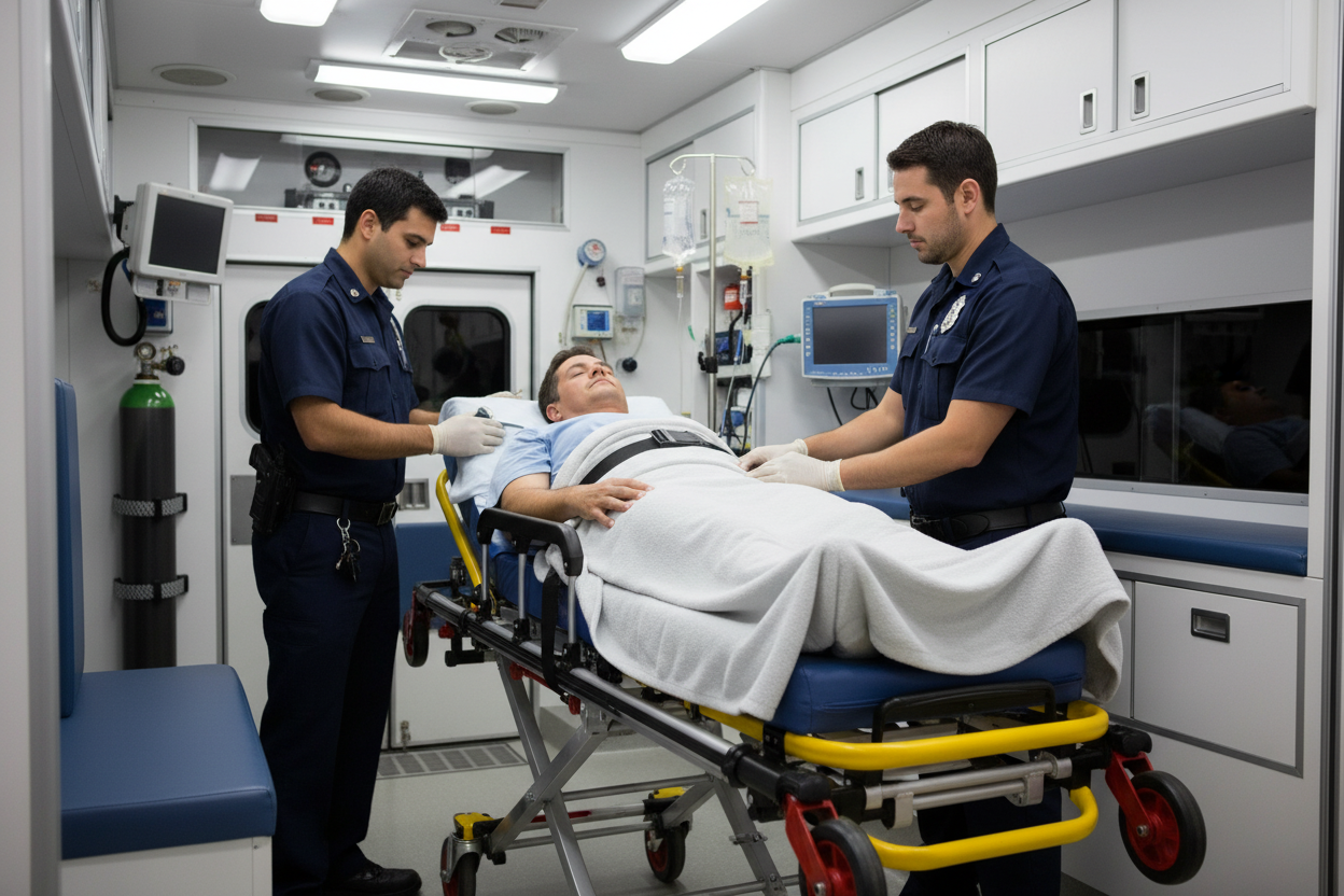Stretcher belt in use on emergency medical stretcher