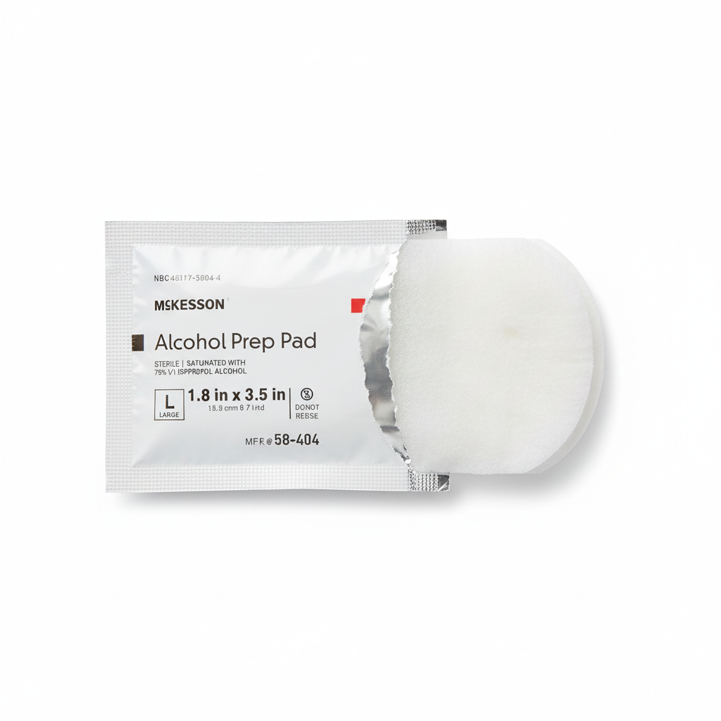 Opened alcohol prep pad showing foil and pad