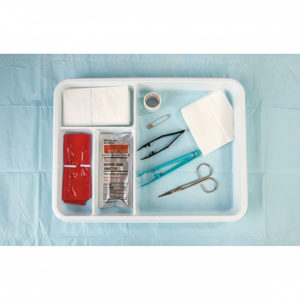 Overhead view of McKesson dressing change tray contents