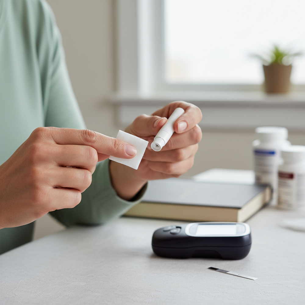 Patient Using Prep Pad for Glucose Monitoring
