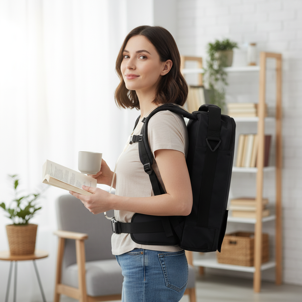 Patient wearing backpack