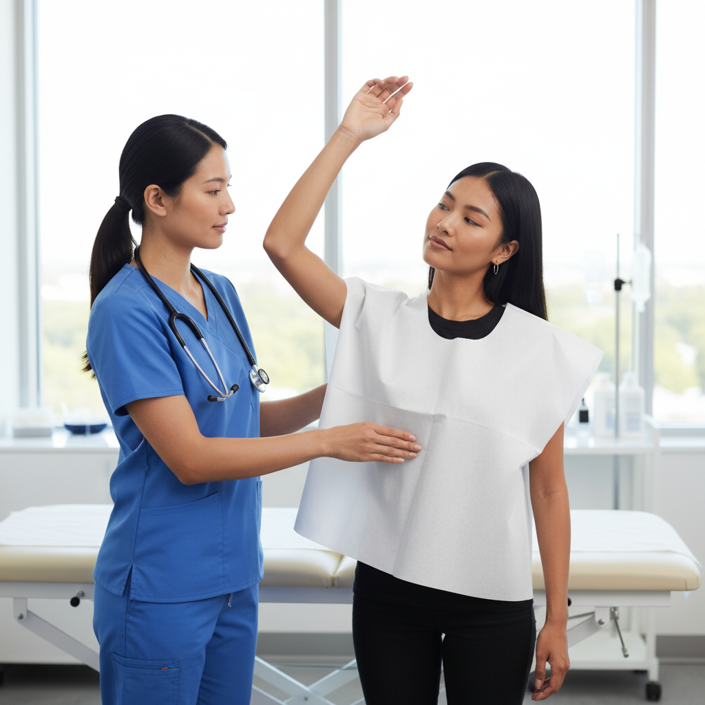 Patient wearing exam cape during examination