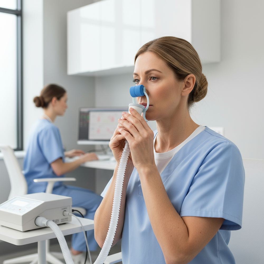 Patient wearing nose clip during spirometry