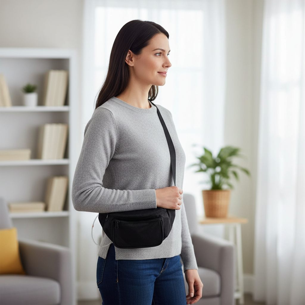 Patient wearing pouch