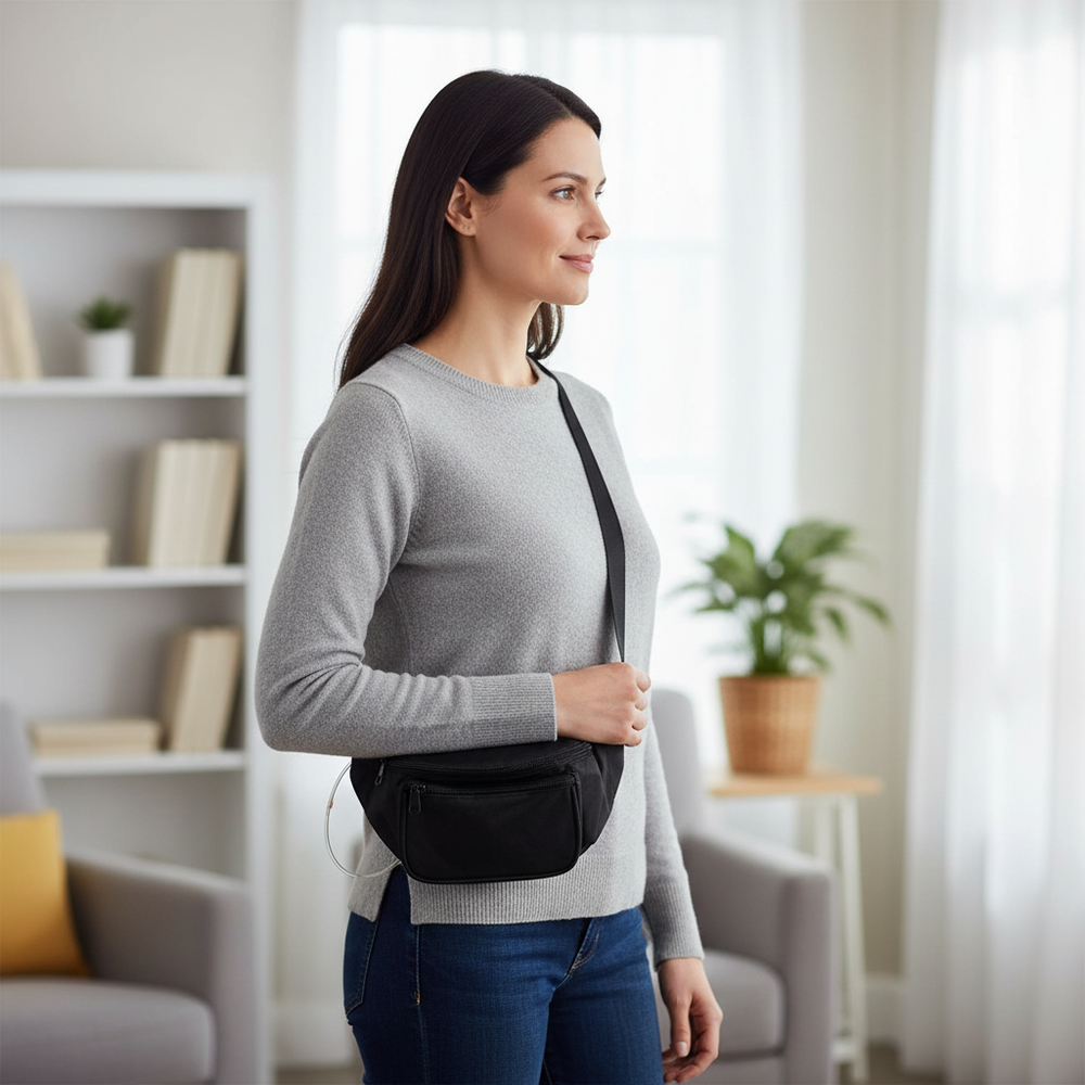 Patient wearing pouch