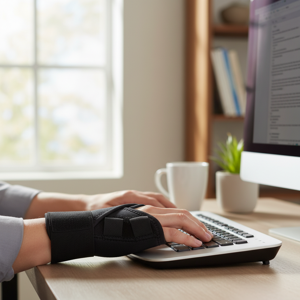 Person typing while wearing splint