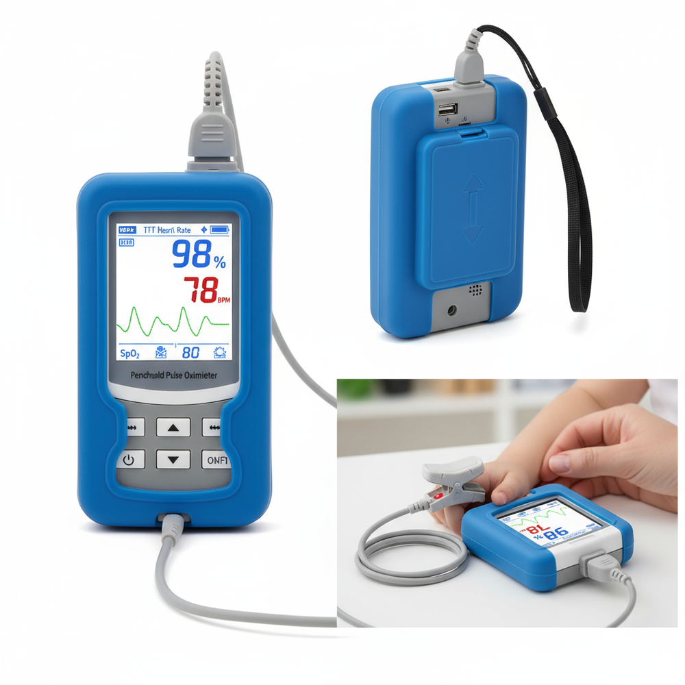 Professional medical device photography of handheld pulse oximeter from multiple angles