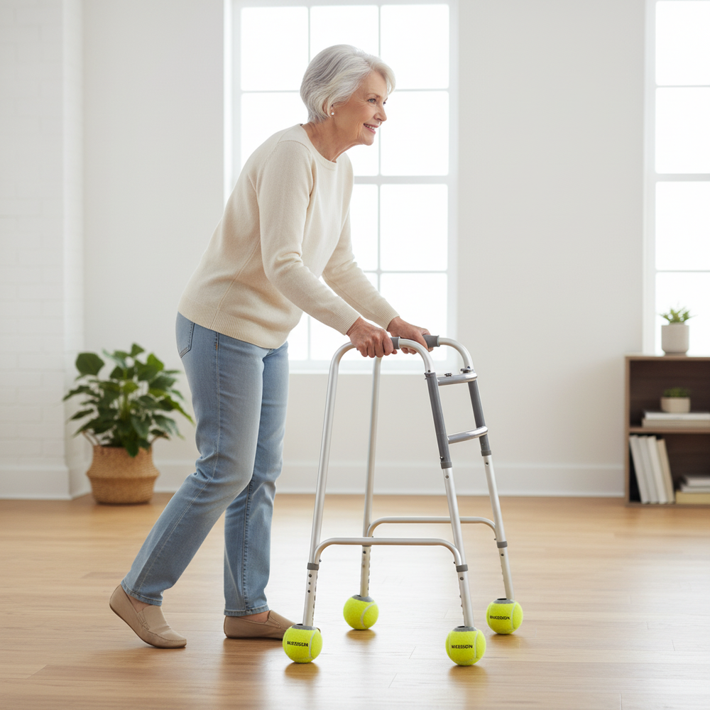 Senior using walker with glides on hardwood floor
