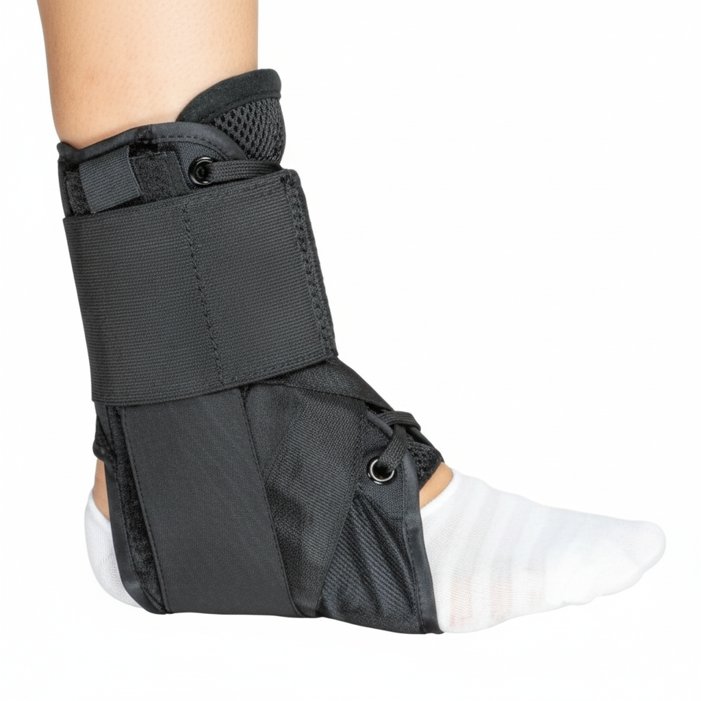 Side view of ankle brace on foot