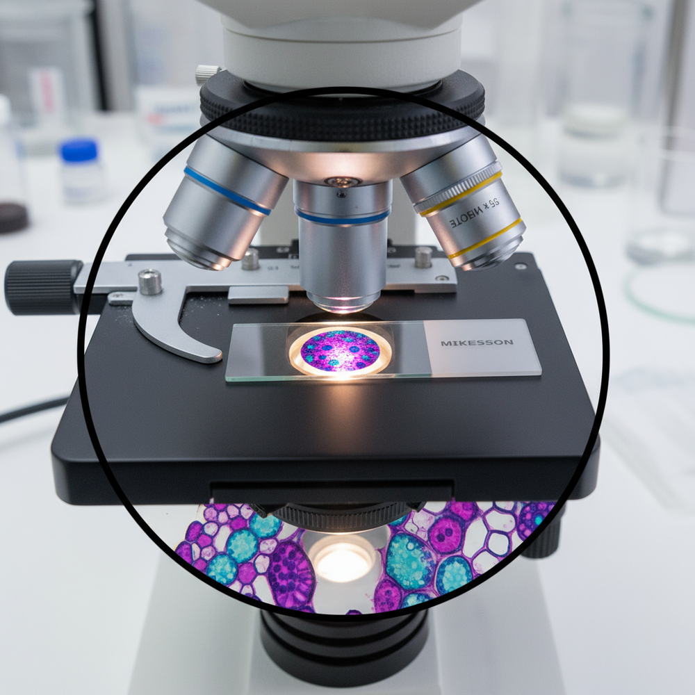 Slide with specimen under microscope