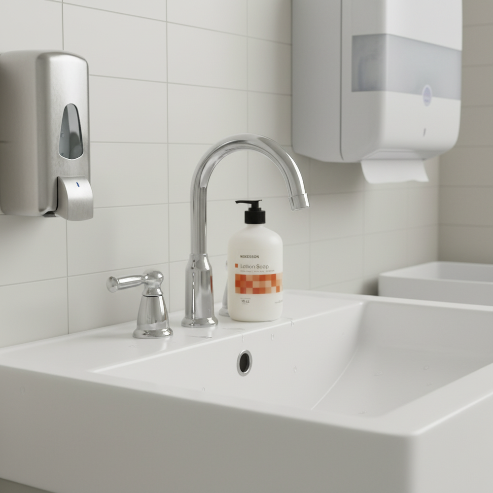 Soap bottle at sink in clinical setting