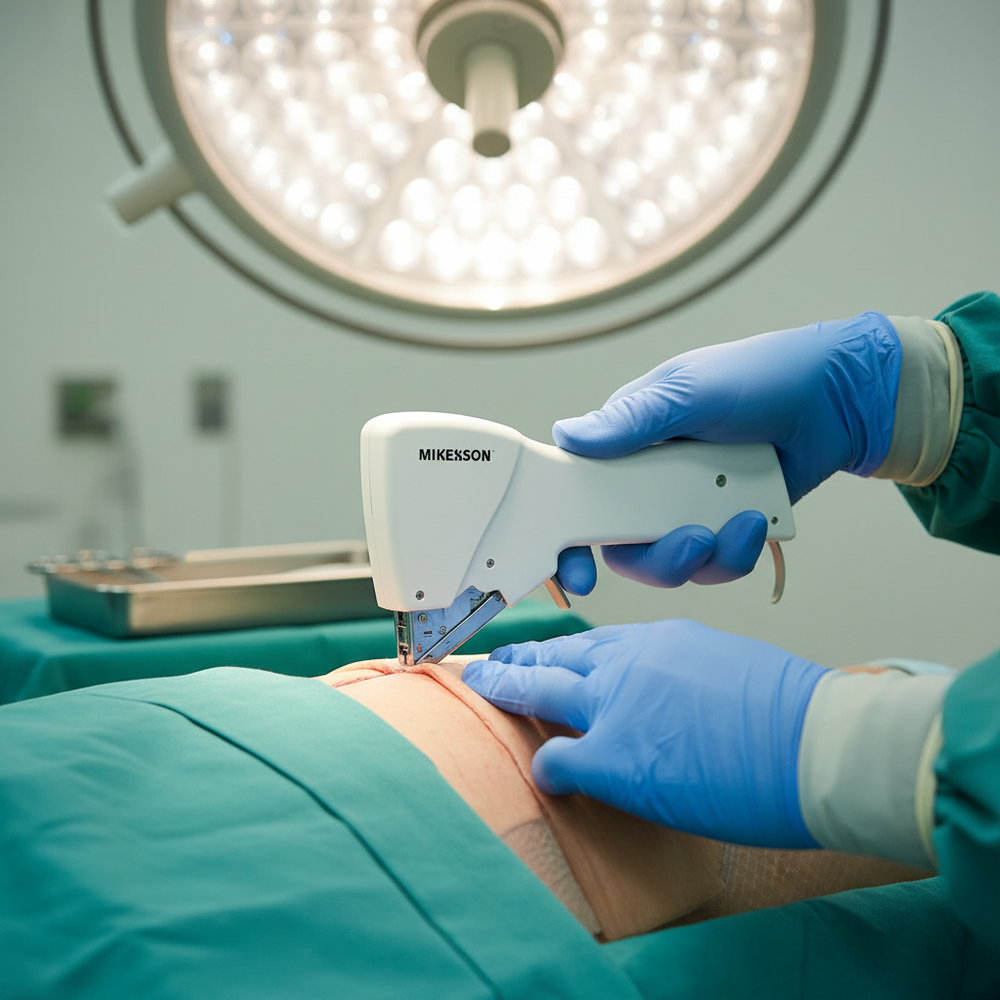Stapler being used for wound closure procedure