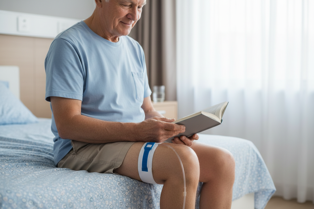 Strap positioned on patient's thigh