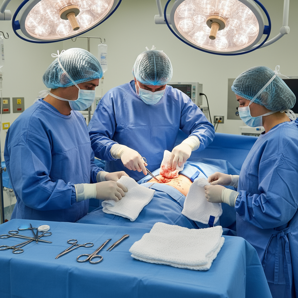 Surgical team using laparotomy sponges during procedure